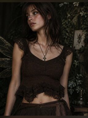 La Peche XL Brown Lace Assymetric Top Cottagecore Y2k coquette fairy Grunge